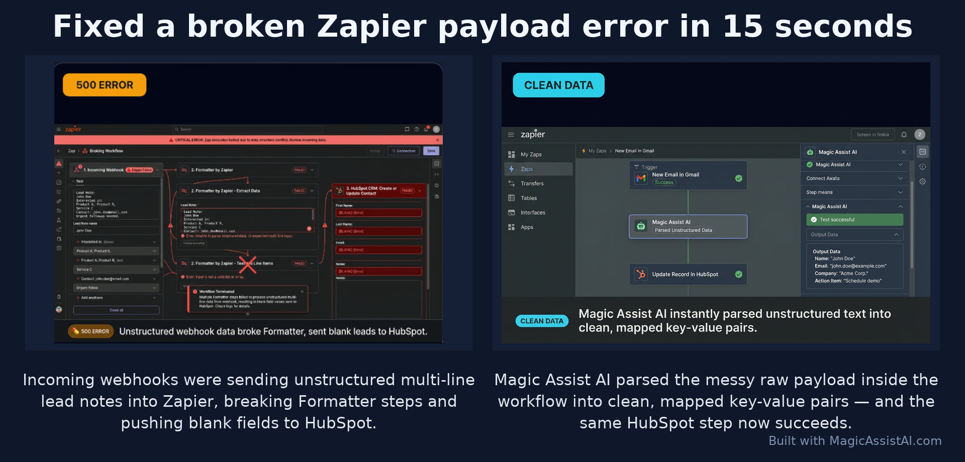 Before and after: Magic Assist AI fixed a broken Zapier payload error that was sending blank HubSpot leads, turning it into a clean workflow in 15 seconds